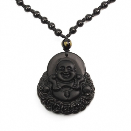 Zwarte Obsidiaan Boeddha Hanger Geluk Kralen Gebed Ketting Ketting
