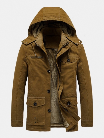 Heren Fleece Gevoerde Dikke Katoenen Knoopdetail Warme Parka's Met Afneembare Capuchon