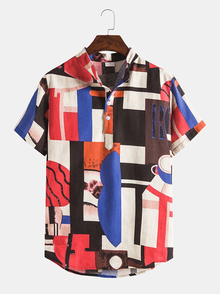Geometrische Blokprint Heren Opstaande Kraag Korte Mouw Casual Henley Shirts