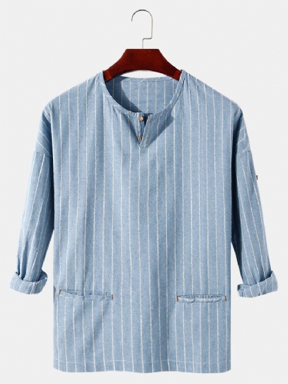 Heren Streep Half Open Kraag Dubbele Zak Casual Henley Shirts