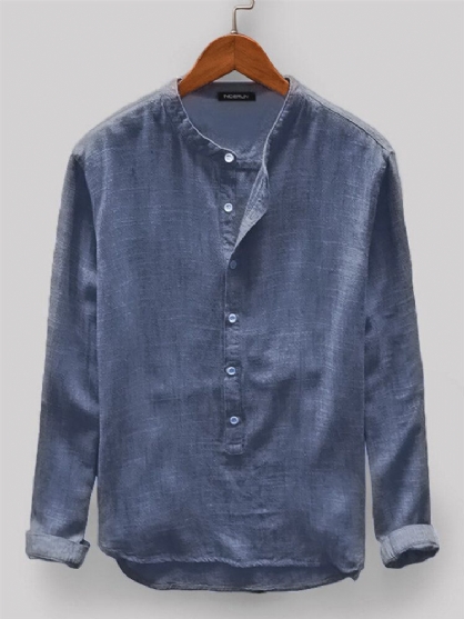 Heren Vintage Losse Comfortabele Effen Kleur Knopen Fly Lange Mouwen Casual Henley Shirts Sleeve
