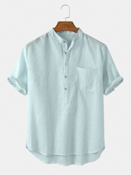 Katoen Verticale Strepen Opstaande Kraag Casual Heren Henley Shirts Met Korte Mouwen