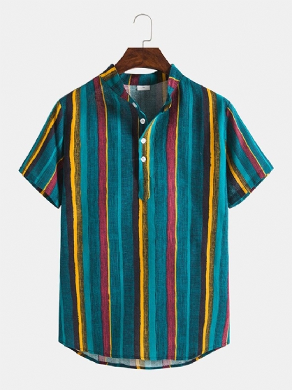 Verticale Strepen Opstaande Kraag Hawaii Casual Heren Henley-shirts Met Korte Mouwen Sleeve
