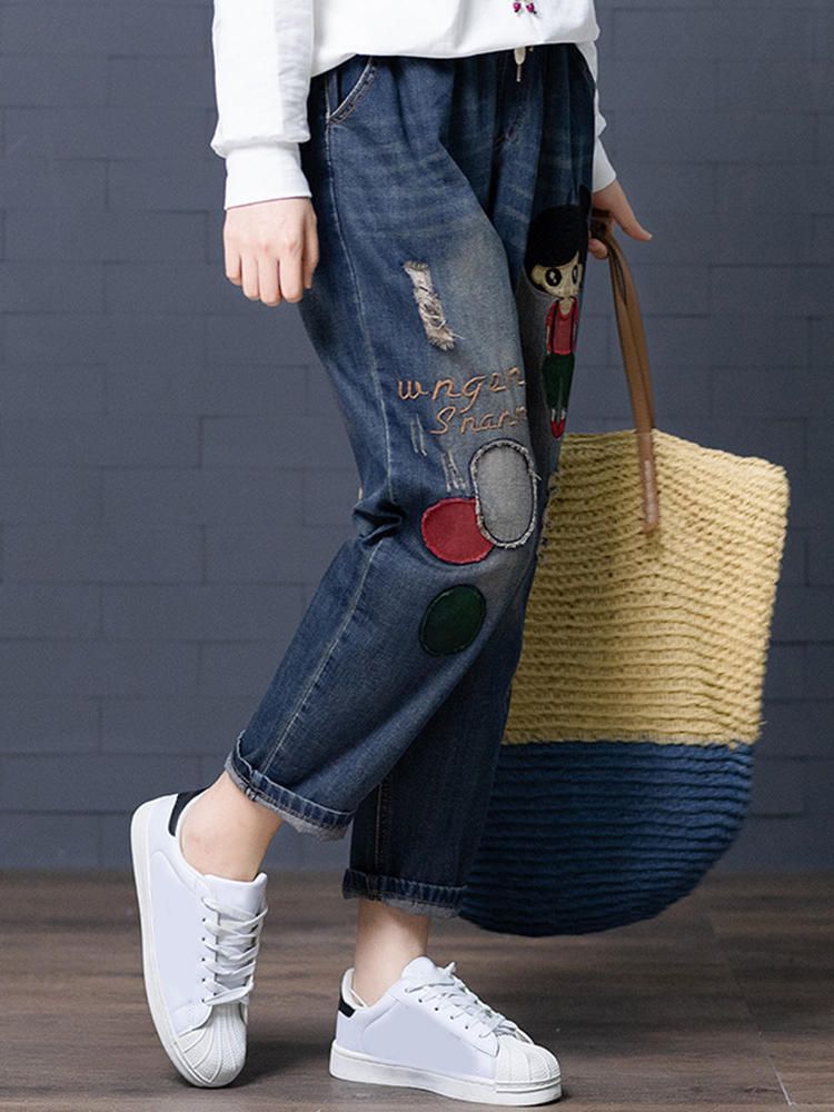 Cartoon Borduurwerk Hollow Trekkoord Taille Denim Jeans