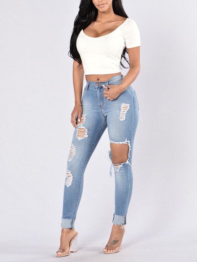 Casual Dames Pocket Hollow Ripped Lange Denim Jeans
