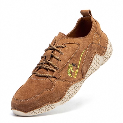 Mannen Comfortabele Handgemaakte Stiksels Leer Antislip Veters Zachte Casual Rijschoenen