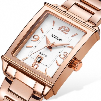 Megir Retro Mode Vierkant Patroon Wijzerplaat Roestvrij Stalen Band Dames Polshorloge Quartz Horloge