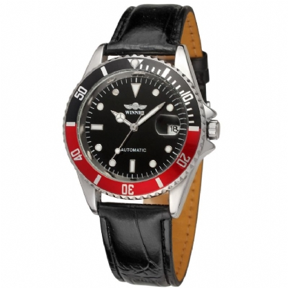 Mode Heren Automatisch Datumweergave Horloge Hollow Art Waterdicht Lederen Band Mechanisch Horloge