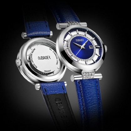 Oubaoer Ob2007 Blauwe Strass Vrouwen Polshorloge Lederen Band Quartz Horloges