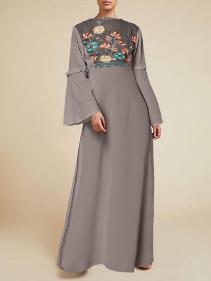 Bloemen Borduurwerk Kant Patchwork Flare Mouwen Back Zipper Bohemian Maxi Jurk Voor Dames