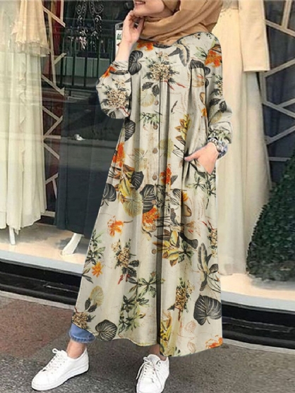 Bloemenblad Bedrukte Kaftan Tuniek Maxi-jurk Met Knopen Aan De Voorkant En Zijzakken