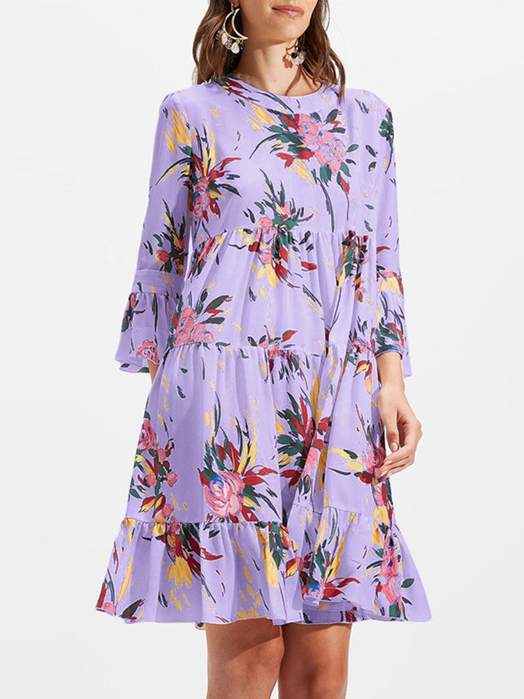 Bloemenprint O-hals 3 4 Puff Mouwen Casual Losse Spliced Mini Jurk Voor Dames