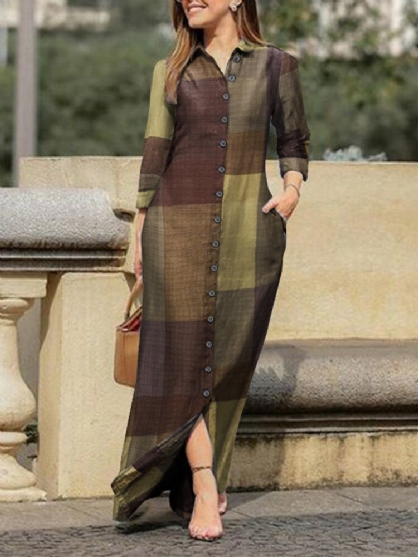 Casual Geruite Print Revers Knop Lange Mouw Shirt Maxi Jurk Voor Dames