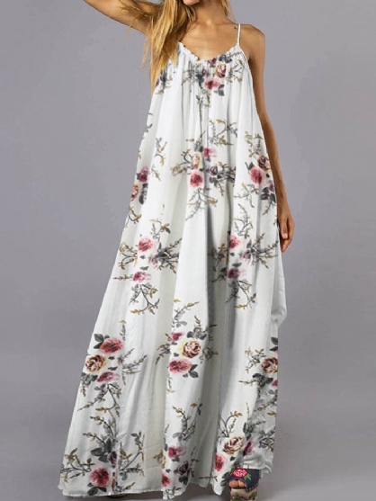 Chiffon Mouwloze Bandjes Losse Vakantie Bloemen Zomer Maxi Jurk