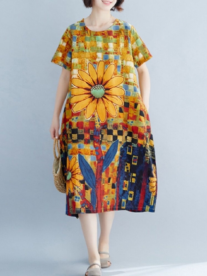 Contrast Kleur Bloemenprint O-hals Korte Mouw Zak Midi-jurk