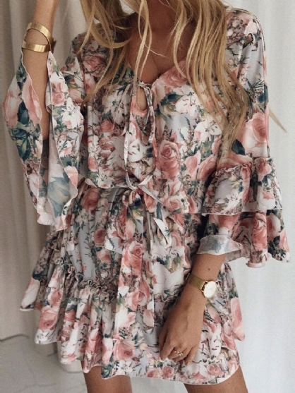 Dames Bloemenprint Geknoopte Taille Laag Uitgesneden Ruches Trim Gelaagde Casual Mini-jurk