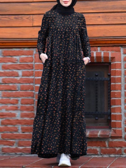 Dames Bloemenprint O-hals Retro Casual Gelaagde Jurk Met Lange Mouwen En Zijzakken