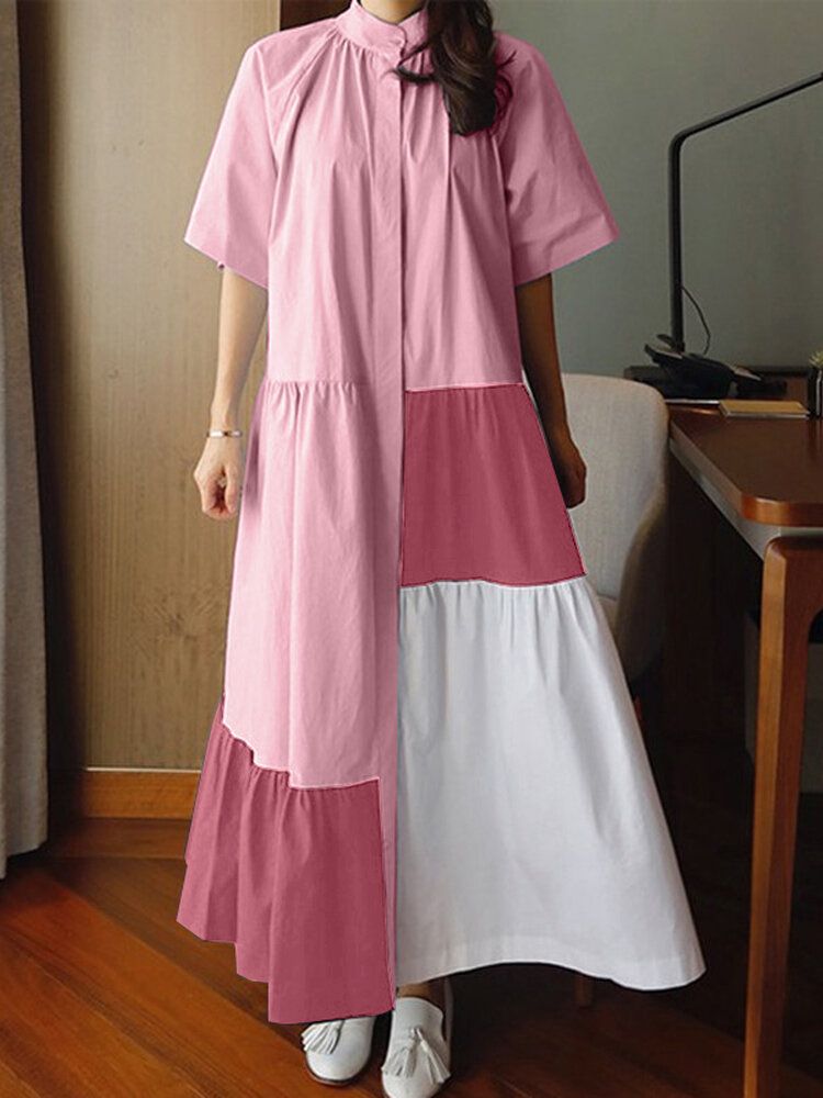 Dames Contrasterende Kleur Stiksels Opstaande Kraag Knop Korte Mouw Overhemdjurk