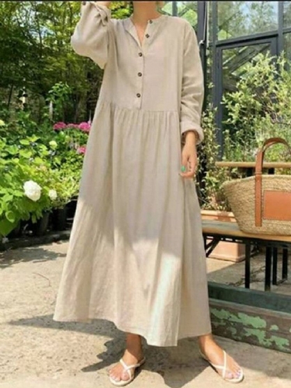 Dames Effen Kleur Half Open Knoop Lange Mouw Eenvoudige Maxi-jurken