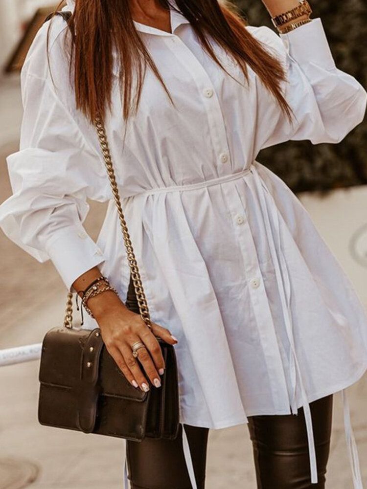 Dames Effen Kleur Knop Side Split Belted Shirt Jurk Met Lange Mouwen
