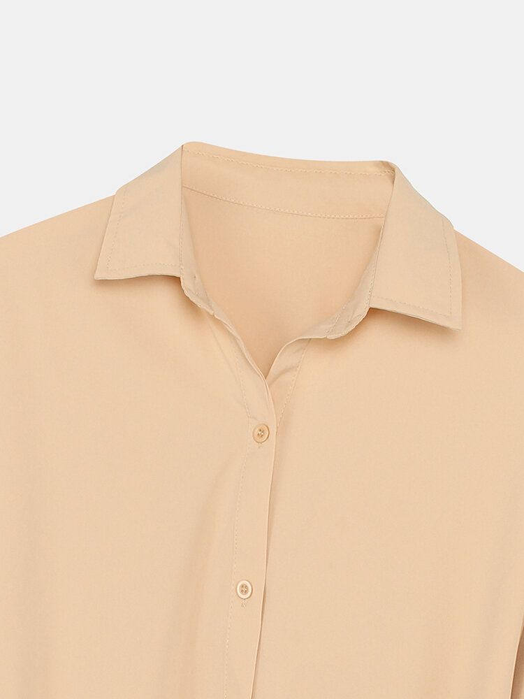 Dames Effen Kleur Knop Side Split Belted Shirt Jurk Met Lange Mouwen