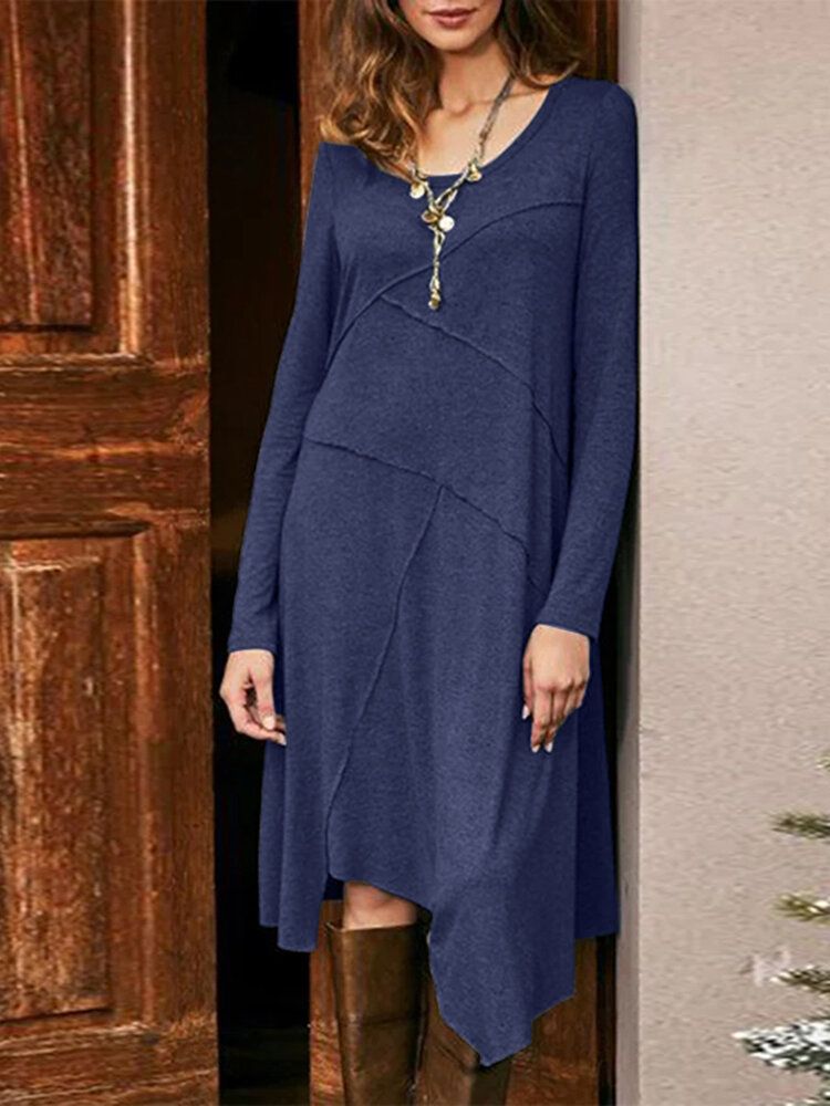 Dames Effen Kleur Lange Mouwen Asymmetrische Zoom Casual Jurken