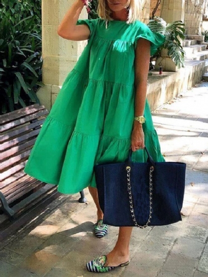 Dames Effen Kleur Losse Ruches Korte Mouw Casual Midi Jurken