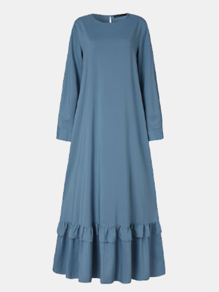 Dames Effen Ronde Hals Ruches Trim Lange Mouw Casual Kaftan Maxi-jurken