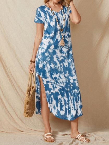 Dames Effen V-hals Tie Dye Split Side Casual Korte Mouw Maxi Jurken