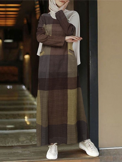 Dames Geruite O-hals Vintage Kaftan Lange Mouw Maxi-jurken Met Zak