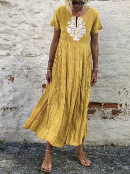 Dames Katoen Eenvoudige Tribal Print Korte Mouw Bohemen Maxi Jurken