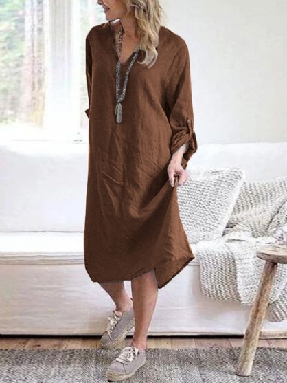 Dames Katoenen Effen V-hals Lange Mouw Losse Midi Shirtjurken