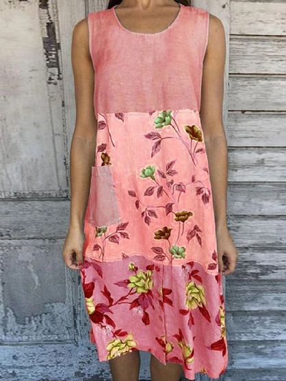 Dames Kleurblok Bloemenprint Ronde Hals Mouwloze Casual Jurk