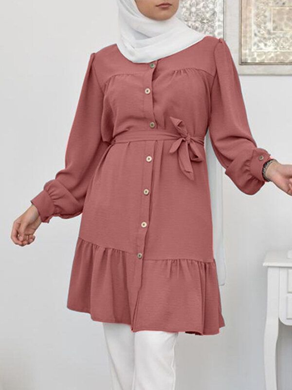 Dames Opstaande Kraag Lace-up Ruches Casual Midi-jurken Met Lange Mouwen