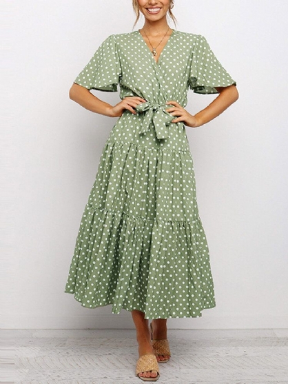 Dames Polka Dot V-hals Casual Jurken Met Korte Mouwen En Riem