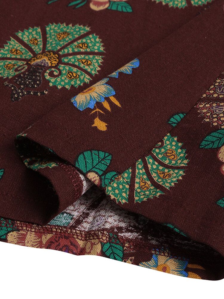 Dames Retro Bloemenprint O-hals Knoop Gewaad Shirt Maxi Jurk Met Zak
