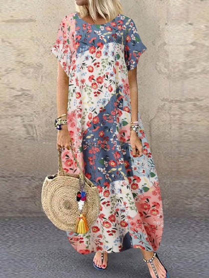 Dames Retro O-hals Multicolor Bloemenprint Korte Mouw Losse Vakantie Baggy Maxi Jurk Met Zak