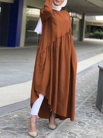 Effen Kleur Katoen Onregelmatige Zoom Plooien Patchwork Losse Moslim Jurk
