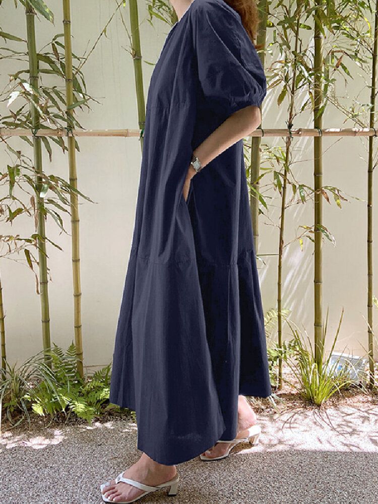 Effen Kleur O-hals Pofmouw Effen Casual Vakantie Maxi-jurk Met Zijzakken