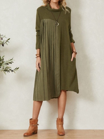 Effen Kleur Zak Patchwork Lange Mouw Hoge Hals Casual Jurk
