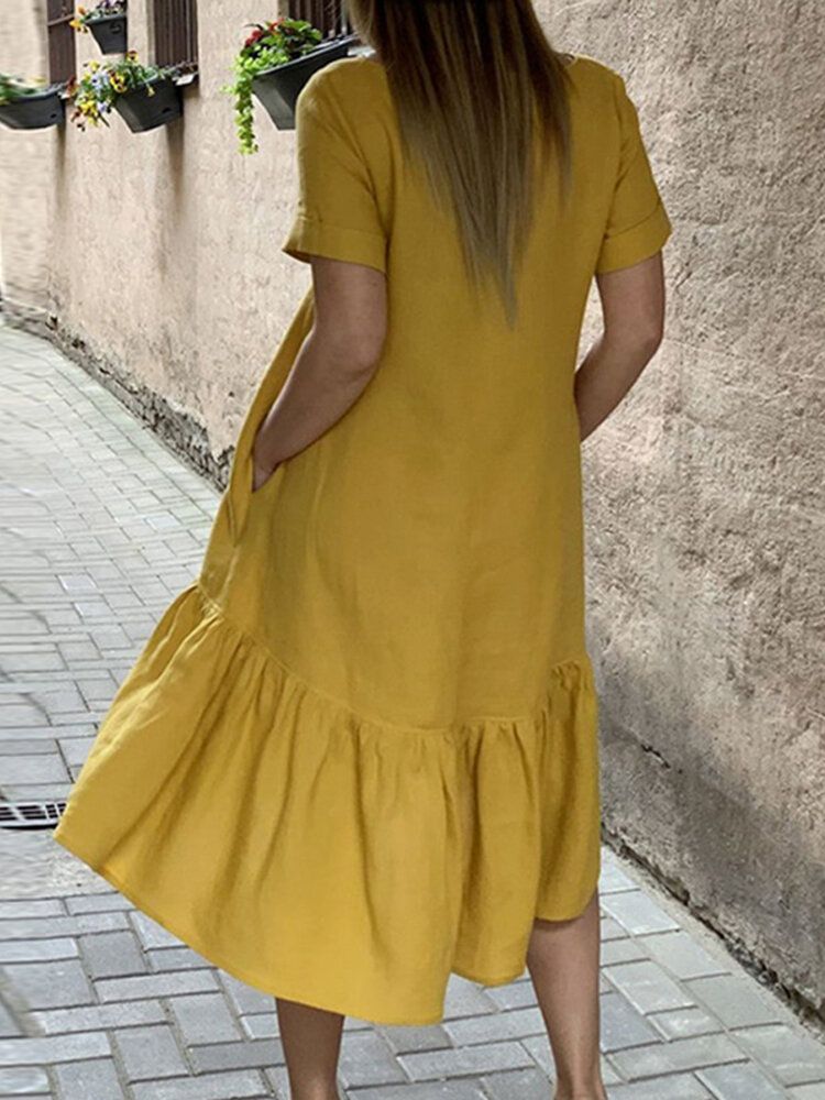 Katoen Dames Effen Kleur Ruches Ronde Hals Korte Mouw Casual Jurken