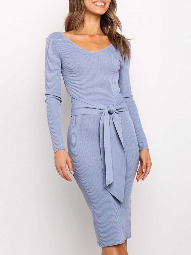 Midi-jurk Met Lange Mouwen Gebreide Bodycon In Effen Kleur