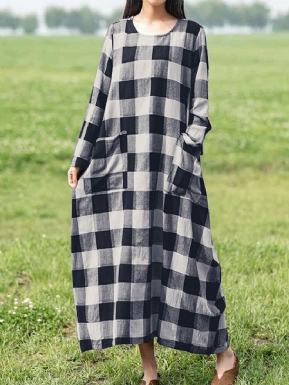 Retro Geruite Losse Maxi-jurk Met Lange Mouwen En Zakken Aan De Voorkant