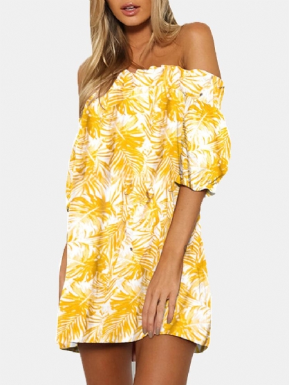 Tropische Planten Print Off-shoulder Zomer Vakantie Mini-jurk