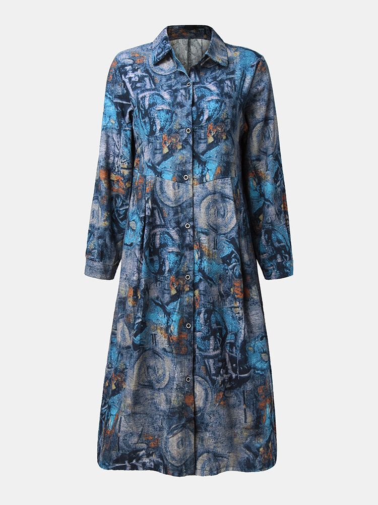 Vintage Casual Overhemdjurk Met Graffitiprint En Lange Mouwen Voor Dames