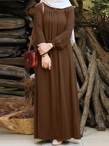 Vrouwen Effen Kleur Geplooide Puff Mouwen Robe Vintage Maxi Jurk