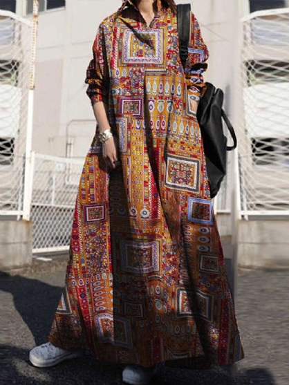 Vrouwen Etnische Stijl Print Katoen Lange Mouw Knop Vintage Swing Maxi Shirt Jurk