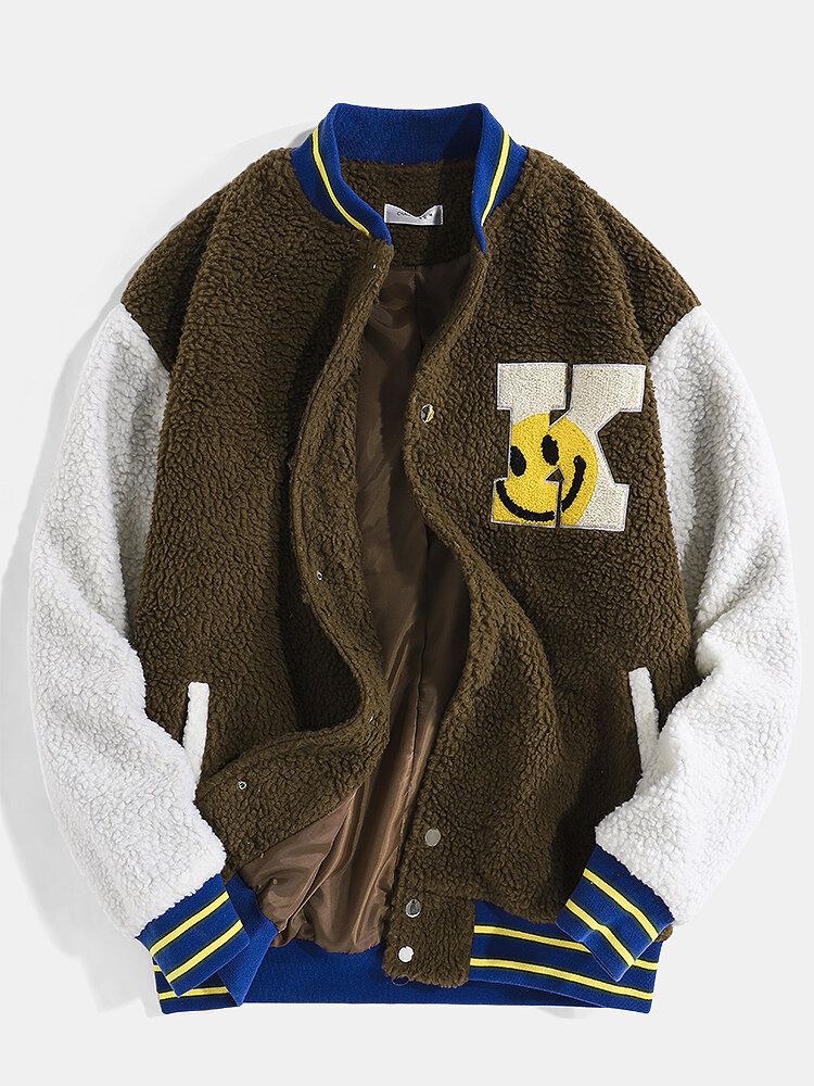 Heren Cartoon Gepatchte Baseball Kraag Drukknoop Casual Fleece Jack