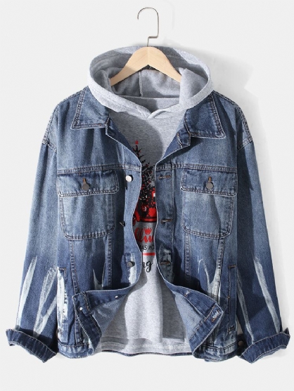 Heren Noodlijdende Klepzak Revers Lange Mouw Katoenen Denim Jack Sleeve