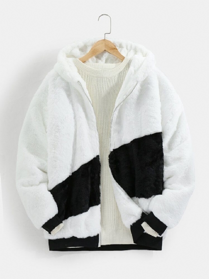 Heren Zip Front Contrast Pluizig Pluche Warme Casual Hooded Jack
